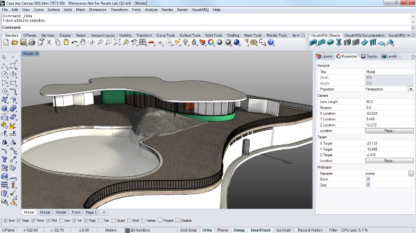 Captura de pantalla del modelo virtual de la Casa das Canoas hecho en Rhino y VisualARQ. 