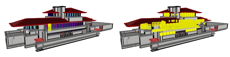 Robie House modeled with VisualARQ and with all the windows selected.