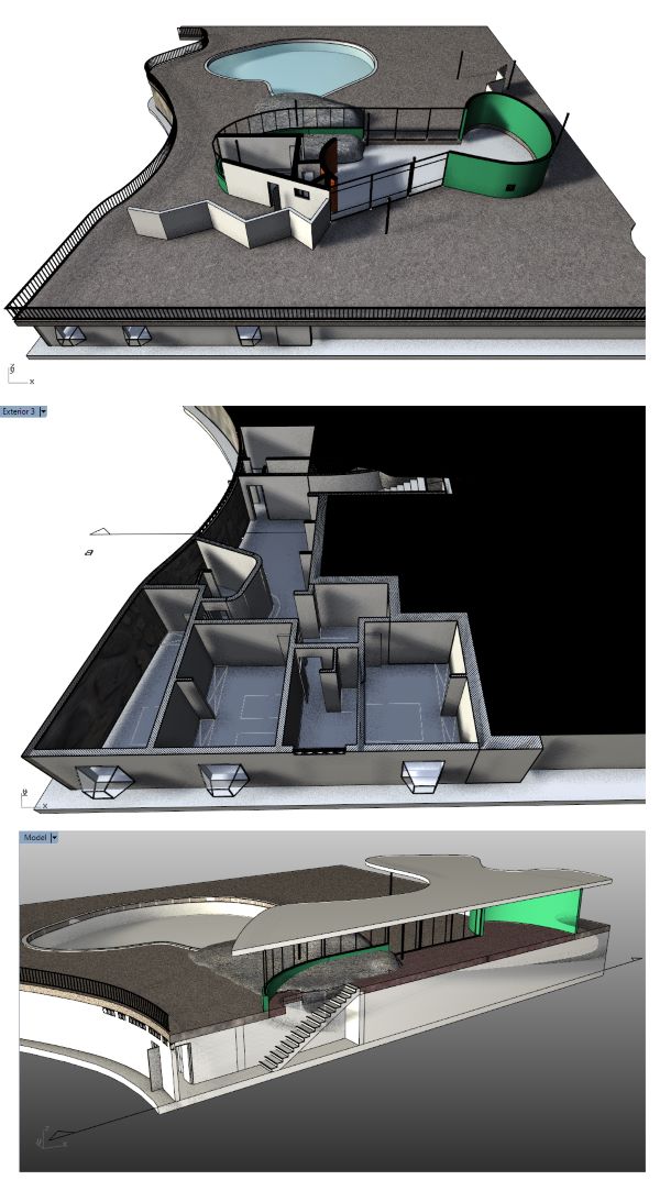 Capturas de pantalla del modelo virtual de la Casa das Canoas mostrando los distintos niveles en sección.