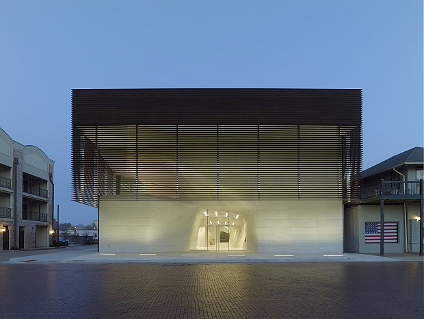 Contemporary architecture with Rhino amidst classical Old South buildings 