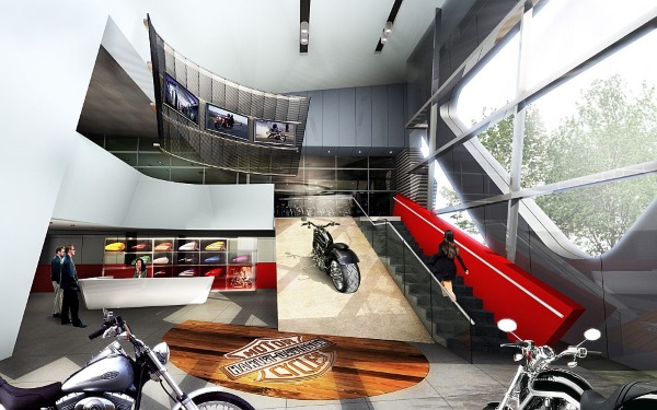 Render del interior de las oficinas y la sala de exposición de las motos.