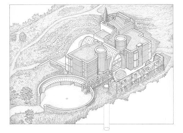 VisualARQ y el placer de dibujar. Vista axonométrica de la edificación y el patio de entrada.  