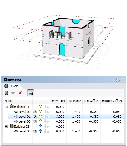 Con el Administrador de Niveles de VisualARQ puedes seleccionar, ocultar o mover los niveles independientemente o en bloque