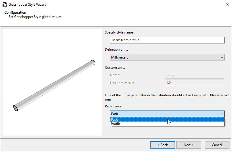Second step of the Beam Grasshopper Style
Wizard. In this step the name, the units and the path curve of the Grasshopper file are selected.