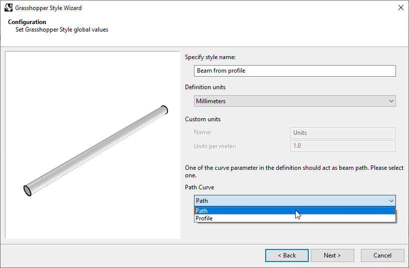 Second step of the Beam Grasshopper Style 
  Wizard. In this step the name, the units and the path curve of the Grasshopper file are selected.