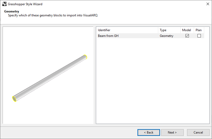 Third step of the Beam Grasshopper Style Wizard. In this step the geometry to be displayed and its representation is chosen.