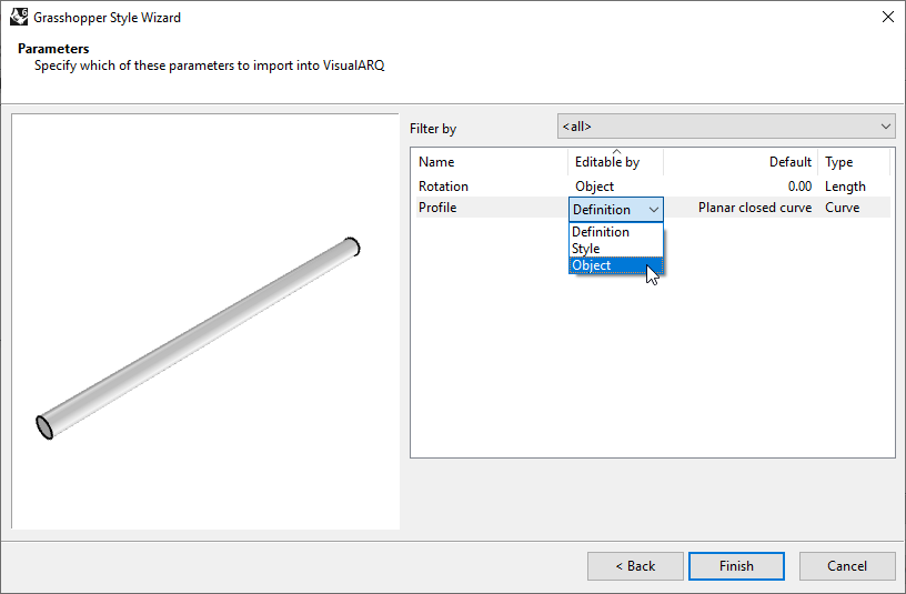 Fourth step of the Beam Grasshopper Style Wizard. In this step one of the settings is the
"Editable by", which has a dropdown with three options.