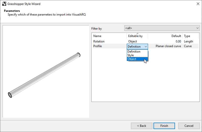 Fourth step of the Beam Grasshopper Style Wizard. In this step one of the settings is the 
  "Editable by", which has a dropdown with three options.