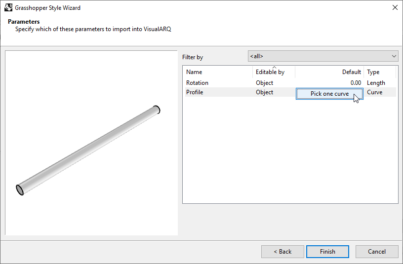 Fourth step of the Beam Grasshopper Style Wizard. In this step one of the settings is the
"Default", in this case there are two types, numeric and geometric.