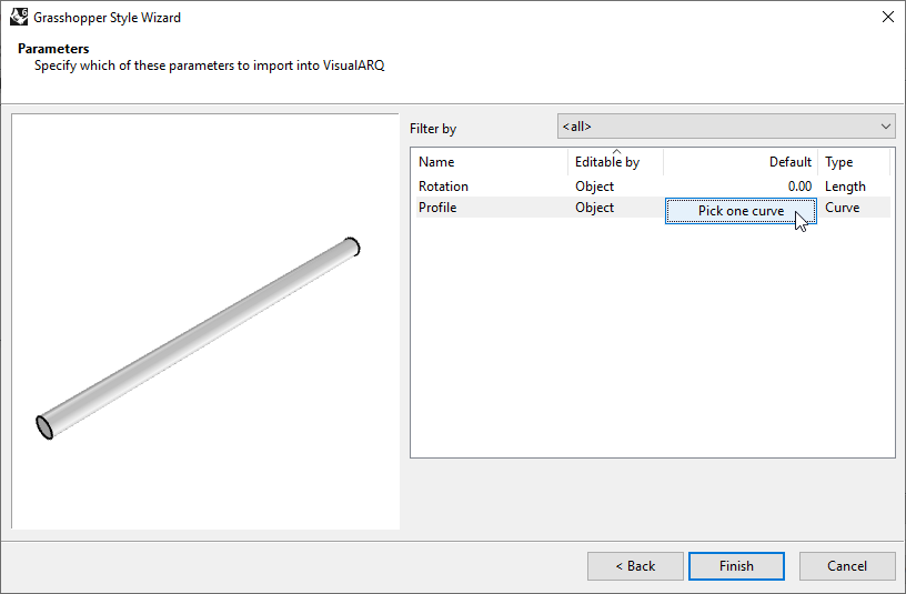 Fourth step of the Beam Grasshopper Style Wizard. In this step one of the settings is the 
  "Default", in this case there are two types, numeric and geometric.