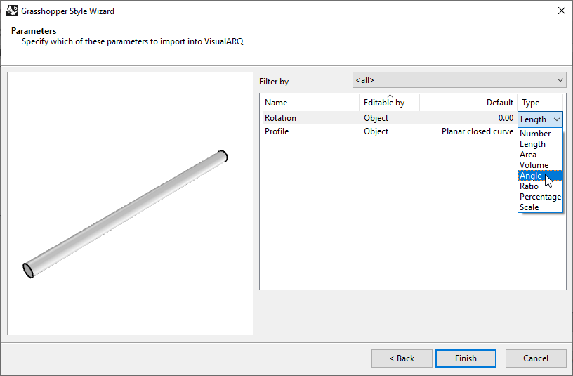 Fourth step of the Beam Grasshopper Style Wizard. In this step one of the settings is the
"Type", which depending on the kind of parameter offers several types to choose.