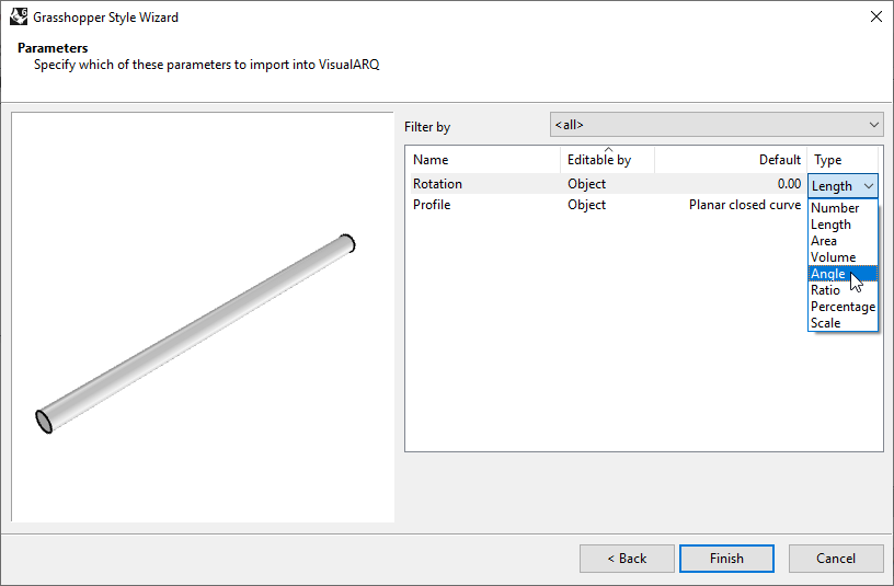 Fourth step of the Beam Grasshopper Style Wizard. In this step one of the settings is the 
  "Type", which depending on the kind of parameter offers several types to choose.