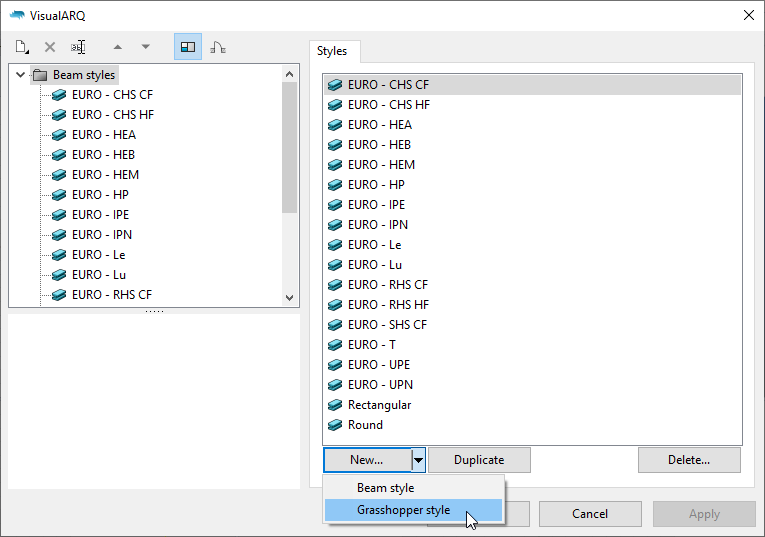 The beam styles dialog with the "Grasshopper style" option visible after clicking on the "New..." button.