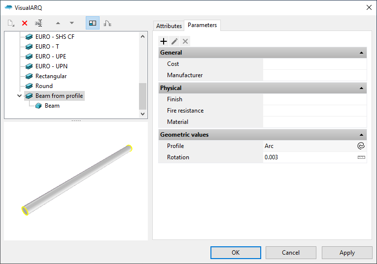 The beam styles dialog with the new beam style. When it is selected the parameters 
  appear under the "Parameters" section grouped as in the Grasshopper definition.