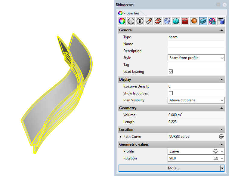 Example of a beam with the new style. The input parameters appear in the Properties panel 
  since they have been defined as editable 