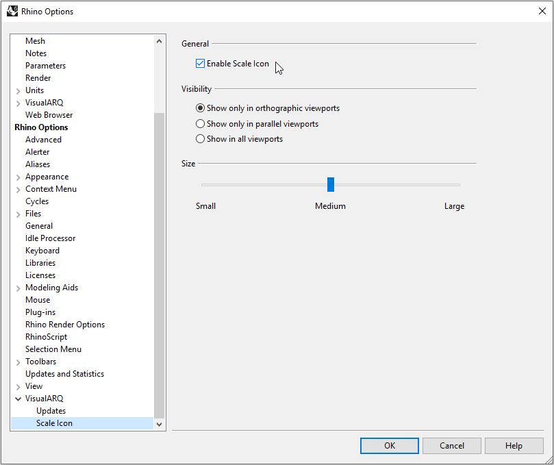 The Rhino Options dialog with the VisualARQ Scale Icon section visible