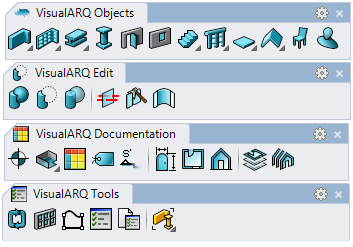 Les quatre barres d'outils de VisualARQ, de haut en bas, Objets, Édition, Documentation et Outils