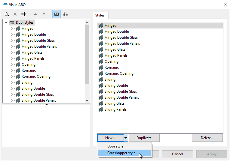 The door styles dialog with the "Grasshopper style" option visible after clicking on the "New..." button.