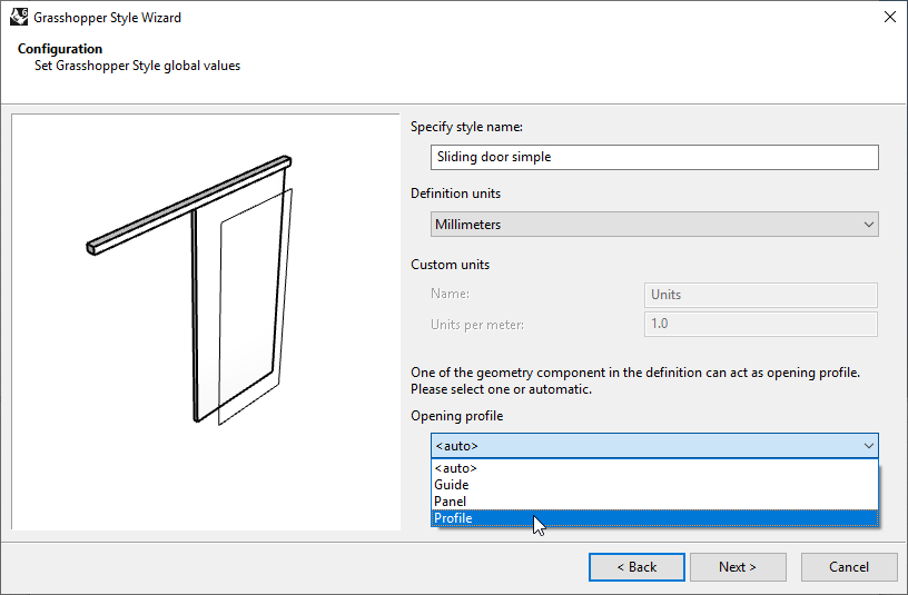 Second step of the Door Grasshopper Style Wizard. In this step the name, the units and the opening profile curve from the Grasshopper file are selected.