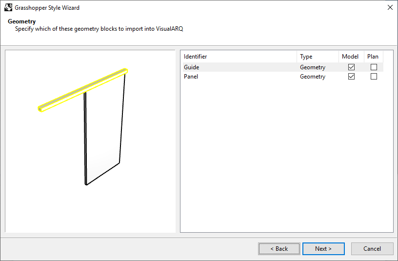 Third step of the Door Grasshopper Style Wizard. In this step the geometry to be displayed and its representation is chosen.