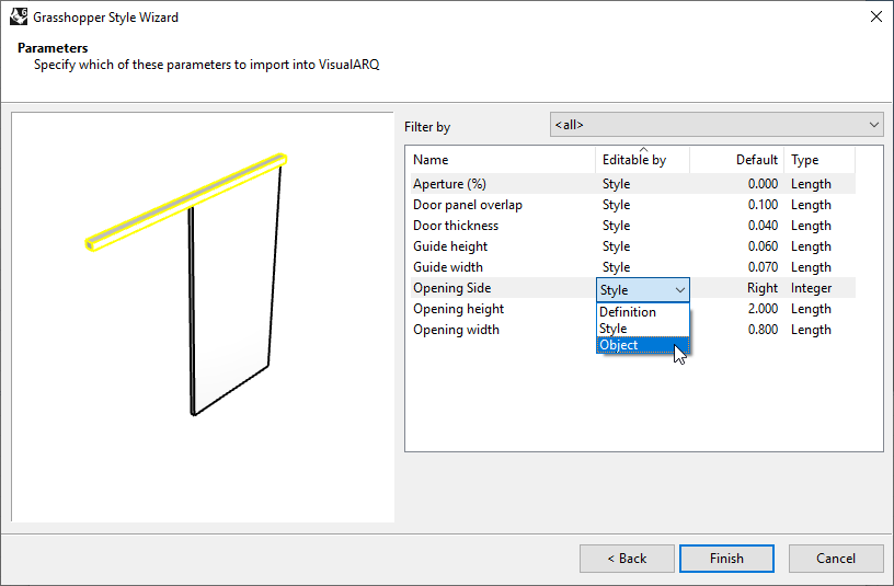 Fourth step of the Door Grasshopper Style Wizard. In this step one of the settings is the "Editable by", which has a dropdown with three options (definition, style and object).