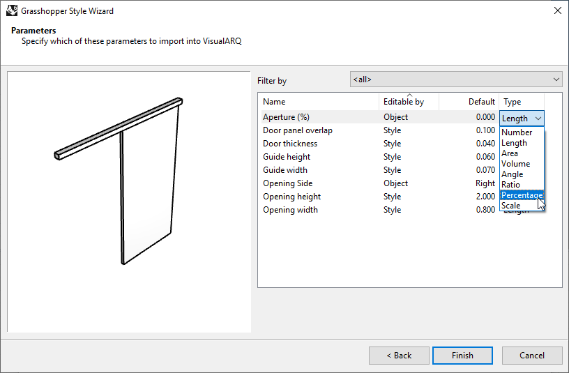 Fourth step of the Door Grasshopper Style Wizard. In this step one of the settings is the "Type", which allow to set the corresponding value type for each of the parameters.