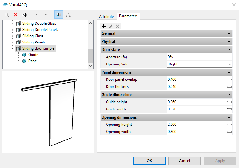 The door styles dialog with the new door style. When it is selected the parameters appear under the "Parameters" section grouped as in the Grasshopper definition.