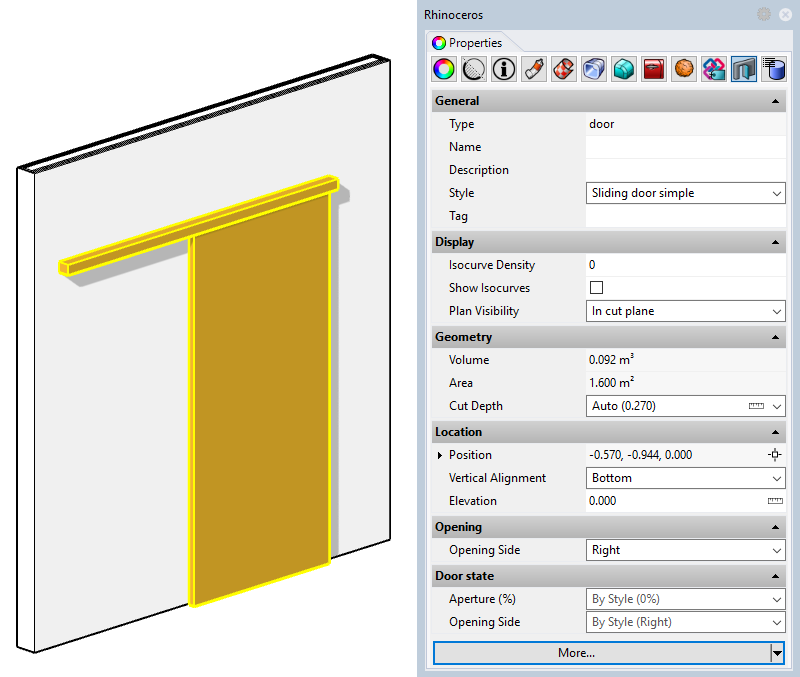 Example of a door with the new style. The two input parameters appear in the Properties panel since they have been set as editable by object.