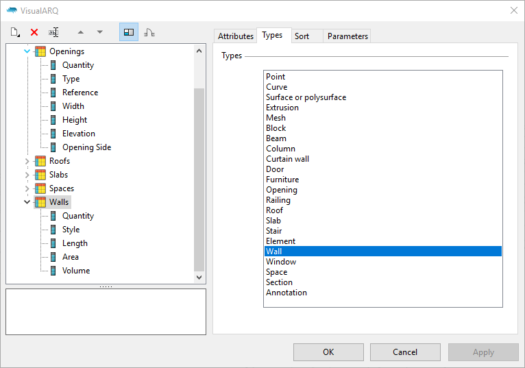 VisualARQ table styles dialog with a table for walls selected