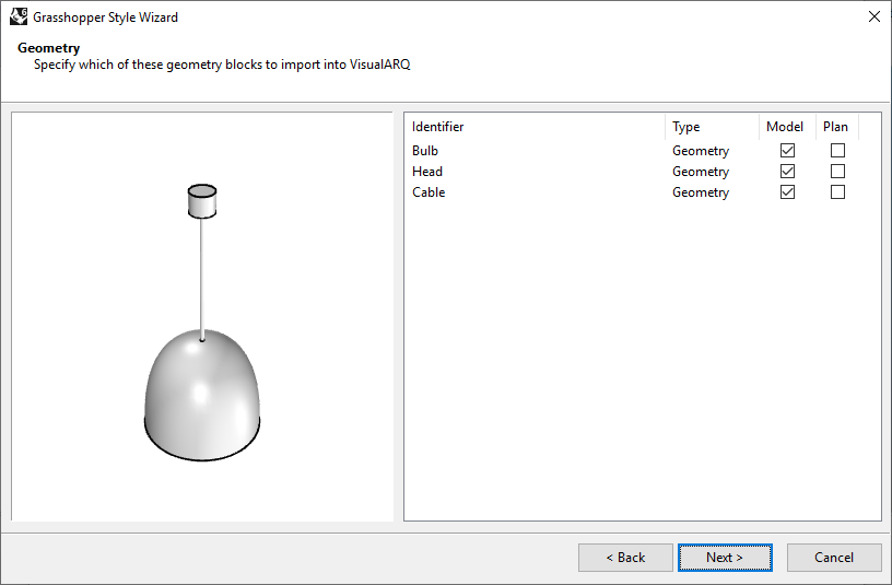 Third step of the Generic Element Grasshopper Style Wizard. In this step the geometry to be displayed and its representation is chosen.