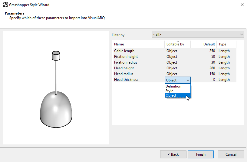 Fourth step of the Generic Element Grasshopper Style Wizard. In this step one of the settings is the "Editable by", which has a dropdown with three options (definition, style and object).