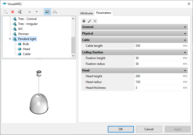 The Generic Element styles dialog with the new generic element style. When it is selected the parameters appear under the "Parameters" section grouped as in the Grasshopper definition.