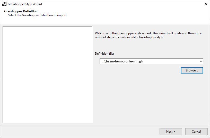 First step of the Beam Grasshopper Style Wizard. In this step the Grasshopper file is selected.