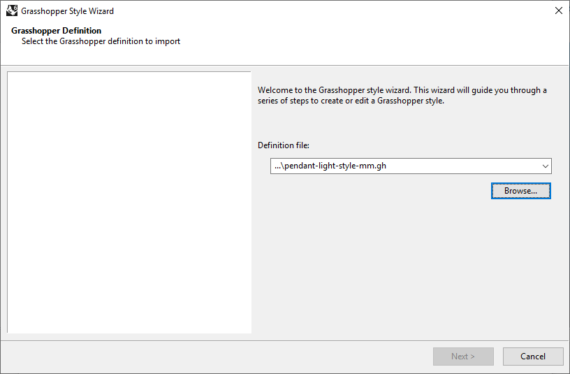 First step of the Element Grasshopper Style Wizard. In this step the Grasshopper file is selected.