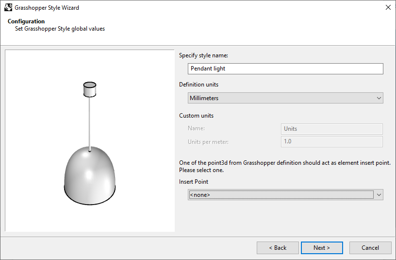 Second step of the Element Grasshopper Style Wizard. In this step the name, the units and the optional Insert Point from the Grasshopper file are selected.