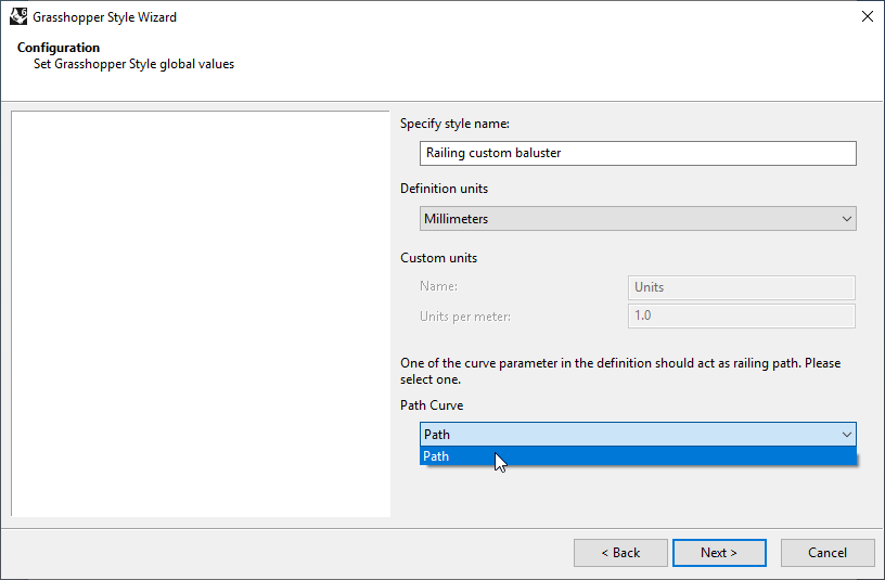 Second step of the Railing Grasshopper Style Wizard. In this step the name, the units and the Path Curve from the Grasshopper file are selected.