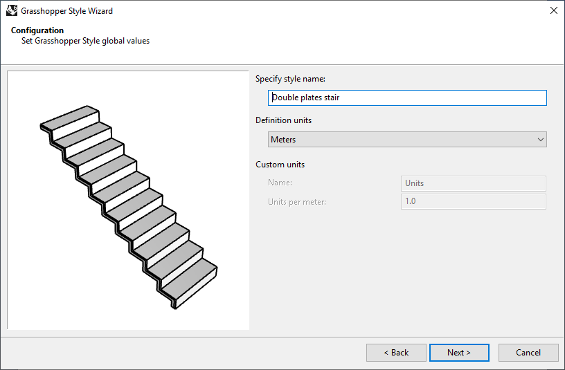 Second step of the Stair Grasshopper Style Wizard. In this step the name and the units are selected.