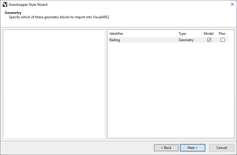 Third step of the Railing Grasshopper Style Wizard. In this step the geometry to be displayed and its representation is chosen.