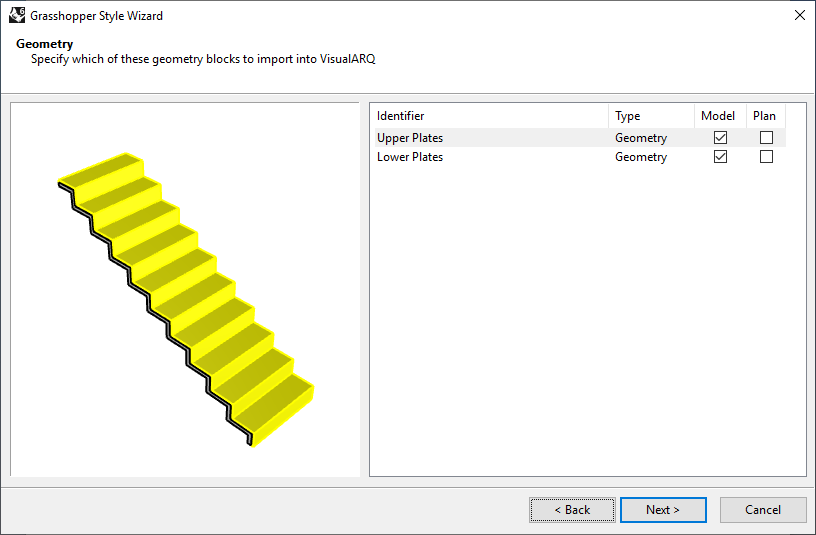 Third step of the Stair Grasshopper Style Wizard. In this step the geometry to be displayed and its representation is chosen.