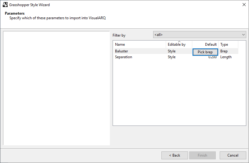 Fourth step of the Railing Grasshopper Style Wizard. In this step one of the settings is the "Default", which in case of brep requires to pick one from the model.