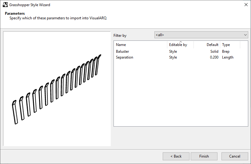 Fourth step of the Railing Grasshopper Style Wizard. To continue an instance of a closed solid polysurface or closed extrusion should have been selected from the model.