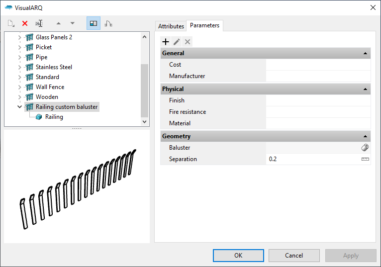 The Railing styles dialog with the new railing style. When it is selected the parameters appear under the "Parameters" section grouped as in the Grasshopper definition.