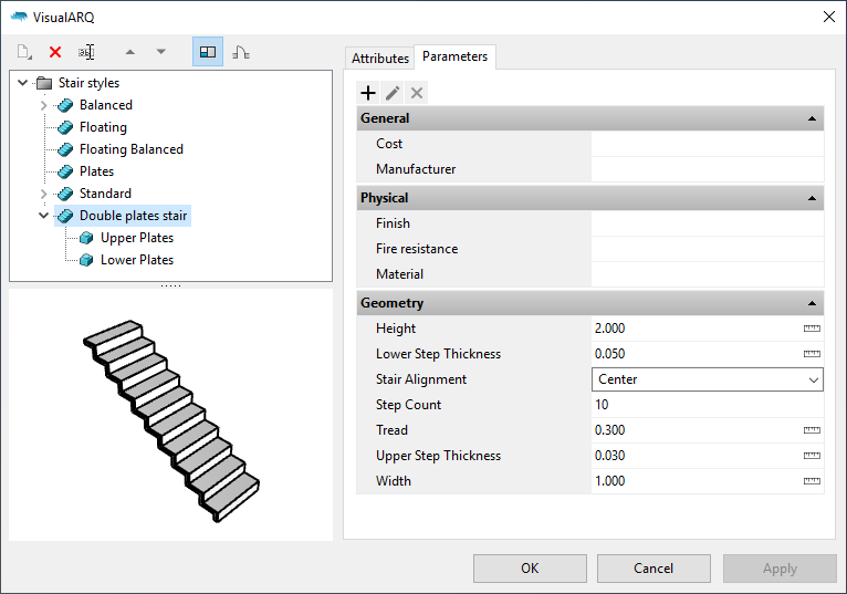 The Stair styles dialog with the new stair style. When it is selected the parameters appear under the "Parameters" section grouped as in the Grasshopper definition.