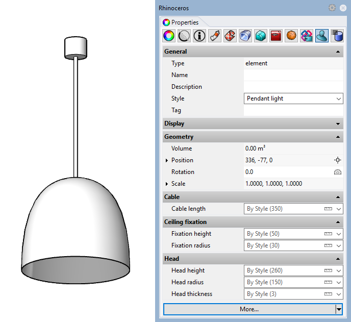 Example of a generic element with the new style. The input parameters appear in the Properties panel since they have been set as editable by object.