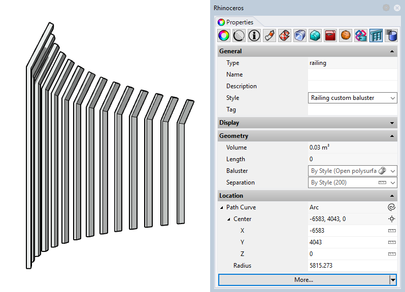 Example of a railing with the new style. The input parameters appear in the Properties panel since they have been set as editable by object.