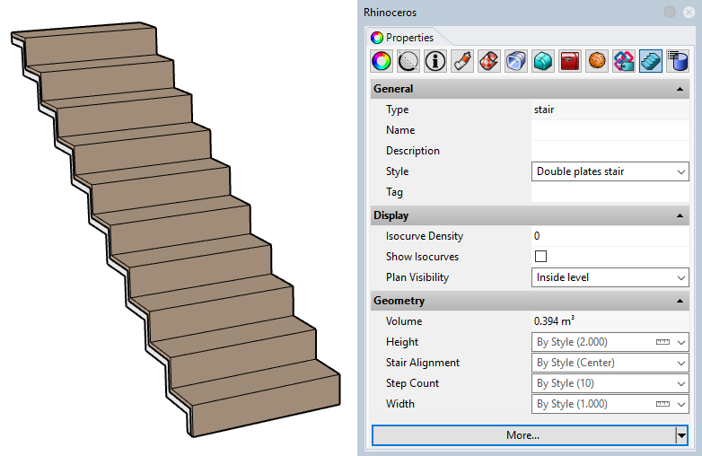 Example of a stair with the new style. Some of the input parameters appear in the Properties panel since they have been set as editable by object.