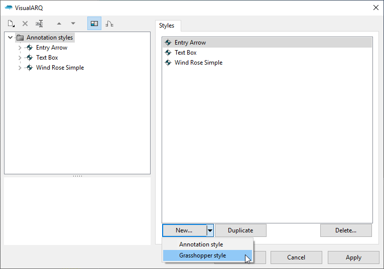 The annotation styles dialog with the "Grasshopper style" option visible after clicking on the "New..." button.