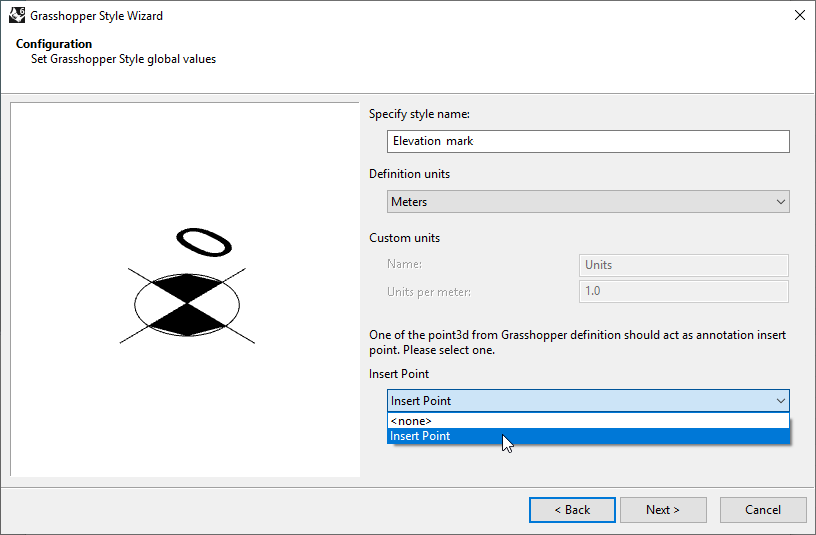 Second step of the Annotation Grasshopper Style Wizard. In this step the name, the units and the optional Insert Point from the Grasshopper file are selected.