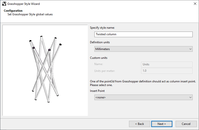 Second step of the Column Grasshopper Style Wizard. In this step the name, the units and the optional Insert Point from the Grasshopper file are selected.