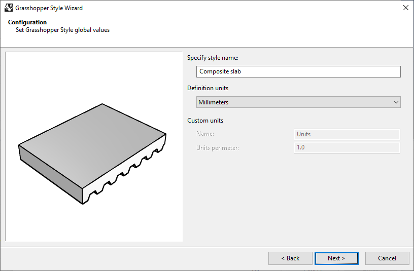 Second step of the Slab Grasshopper Style Wizard. In this step the name and the units are selected.